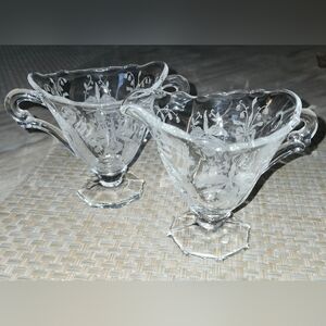 Heisey Orchid Etched Clear Glass 4” Vintage Creamer & Sugar Bowl